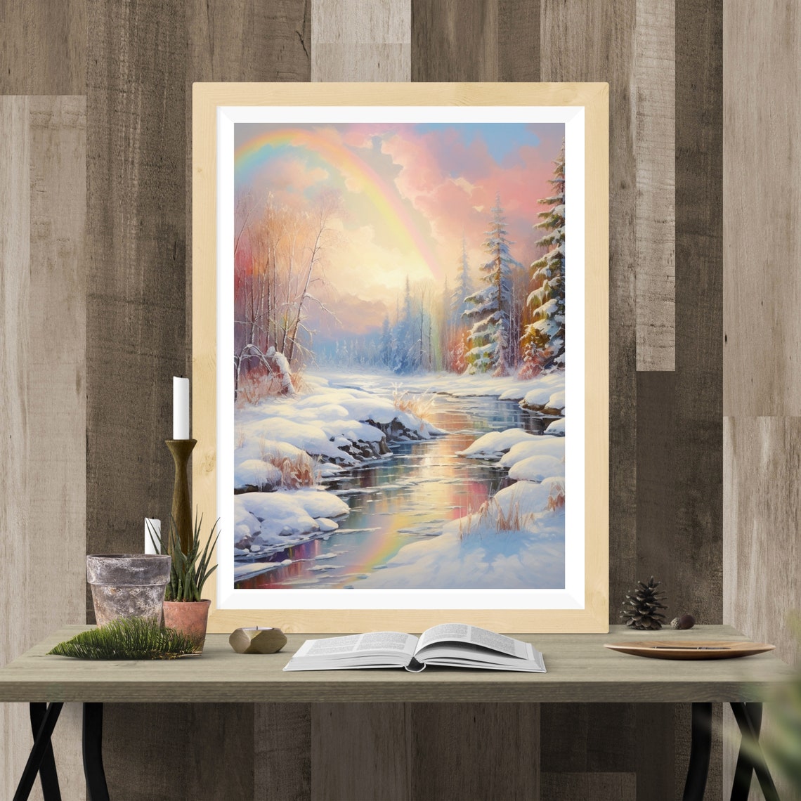 Snowy Winter Stream With A Rainbow Arching Over Snowy Banks Print - Image 4