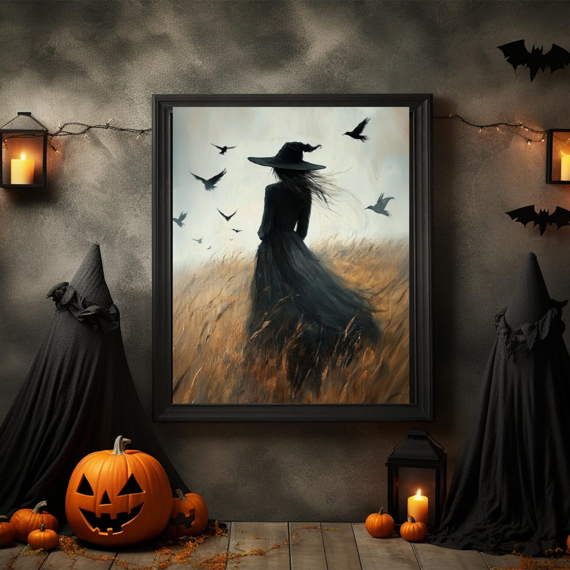 Dark Witch Walking Through Golden Wheat Field with Crows Poster - Image 3