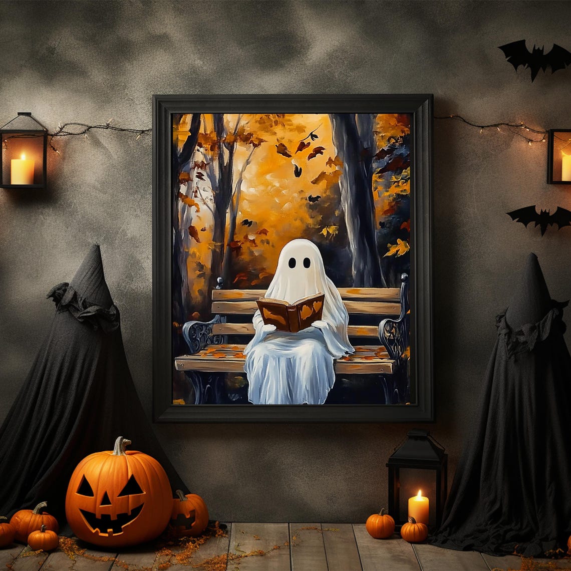 Cute Halloween Ghost Reading A Book Wall Art Spooky Vintage Poster Halloween Muted Neutral Print Whimsical Halloween Ghost Art 667 - Image 2