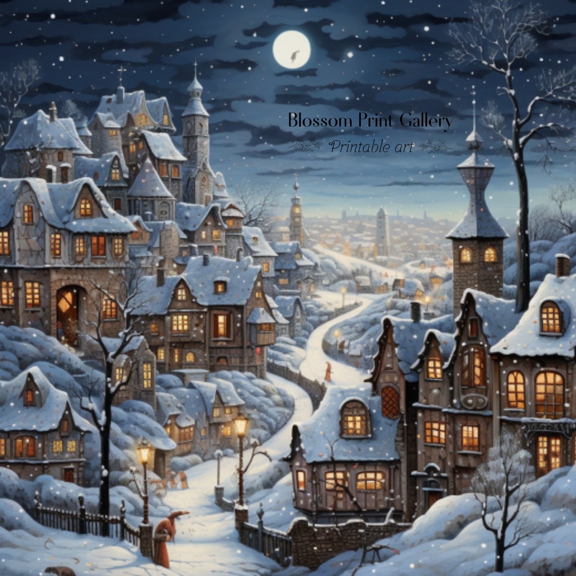 Snowy Storybook Village At Night Moonlit Winter Town Christmas Poster - Image 3