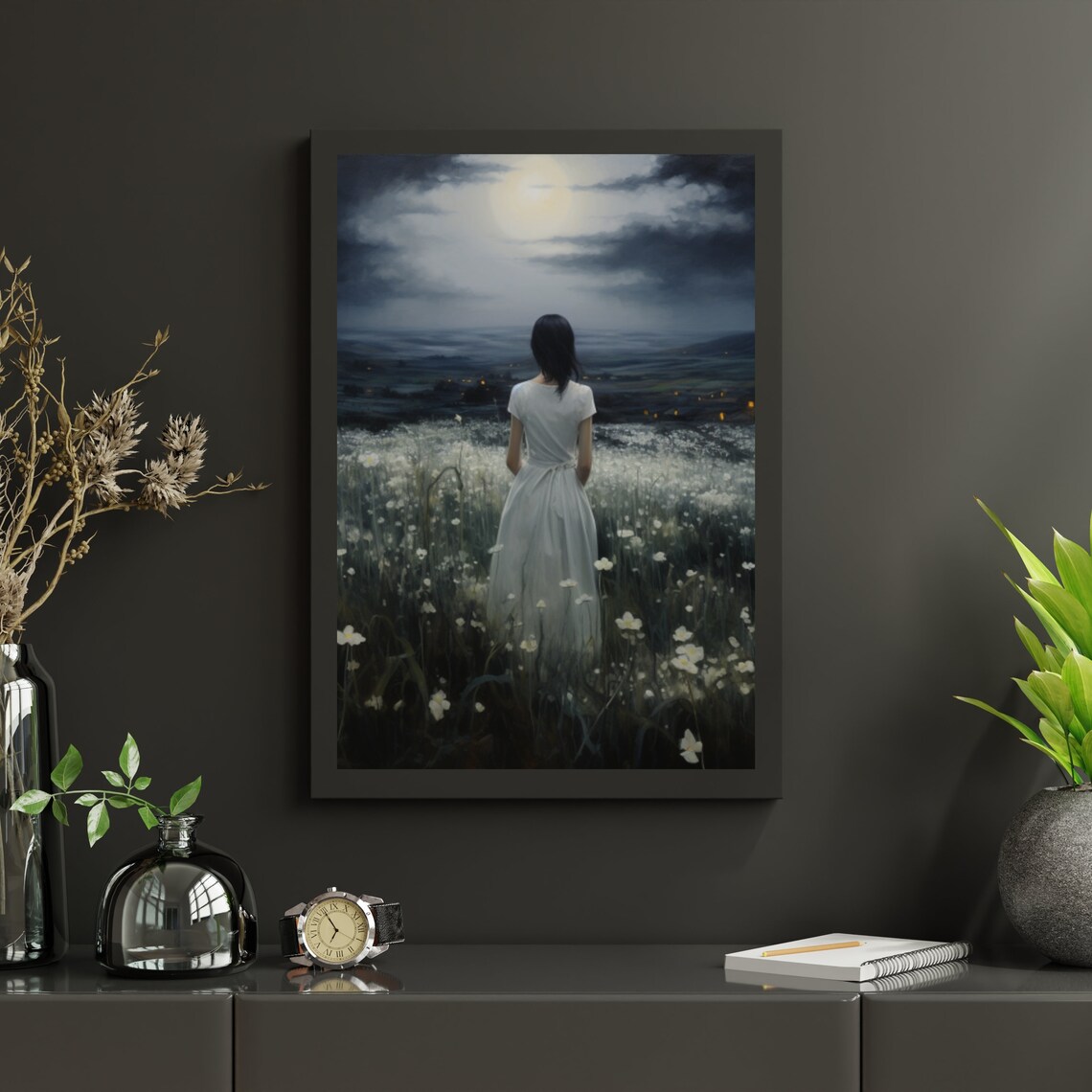 Woman In White Dress Under Full Moon Night Wildflower Meadow Art Poster - Image 4