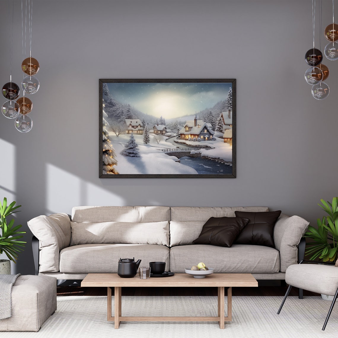 Snowy Christmas Village with Bridge at Dusk Winter Painting Poster - Image 6