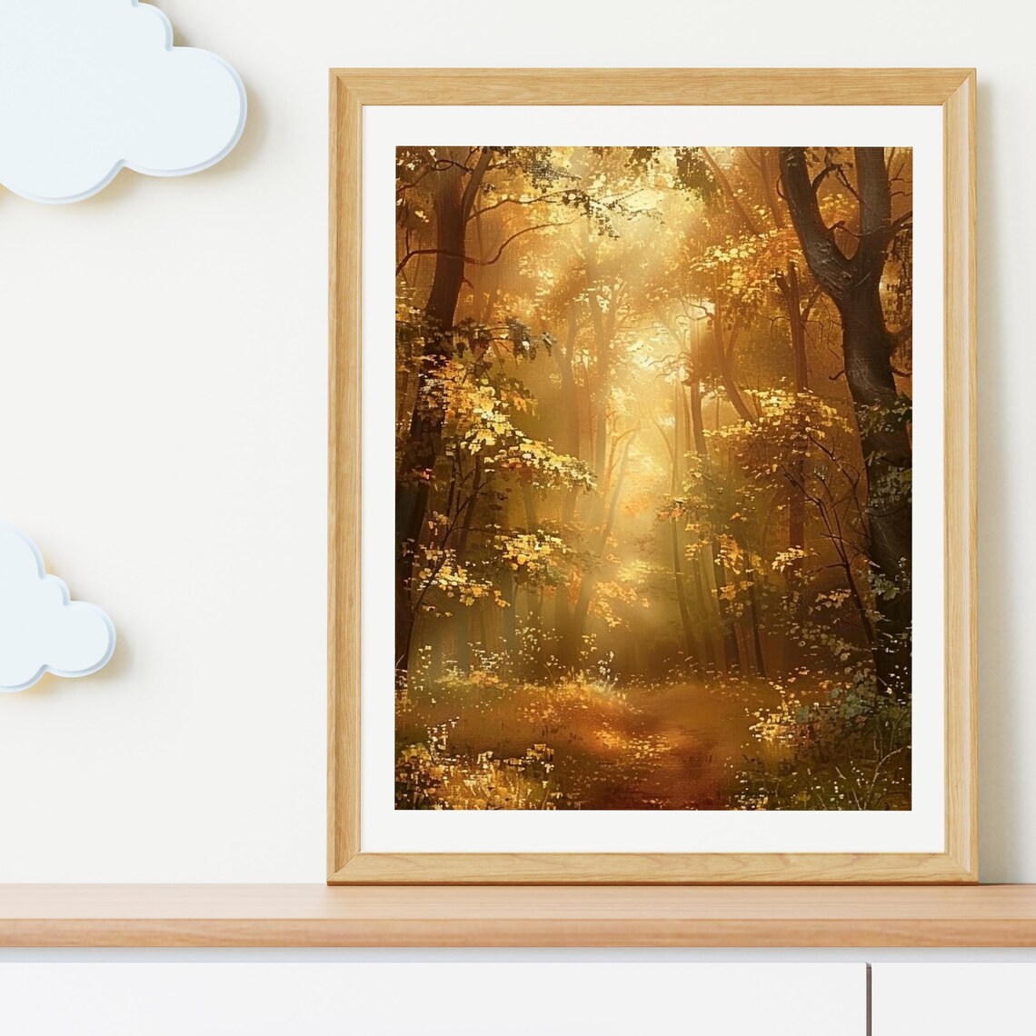 Golden Autumn Forest Sunbeams Enchanted Fall Path Moody Woodland Art Poster - Image 3