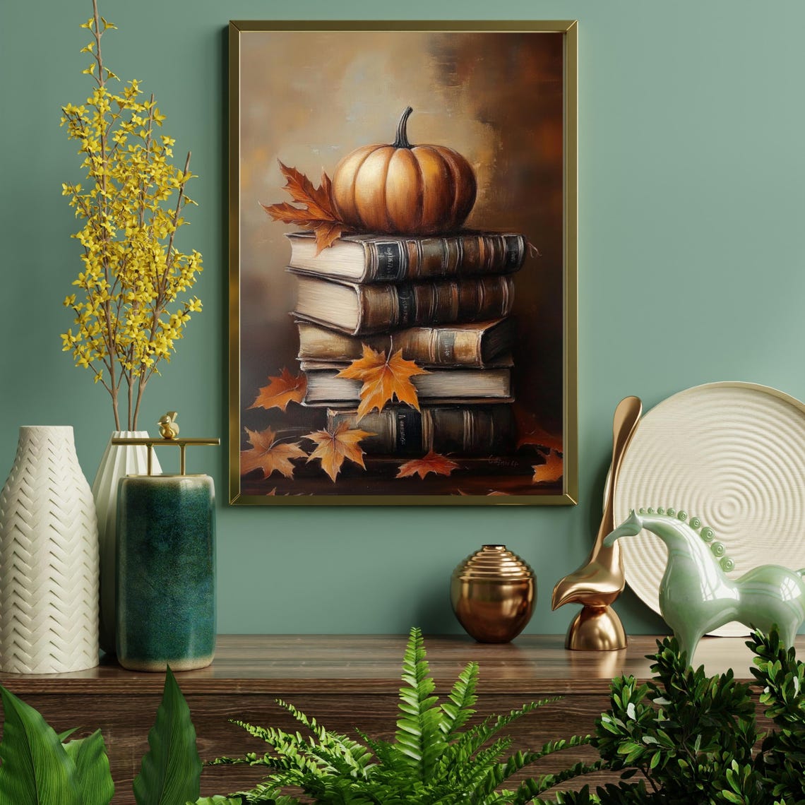 Pumpkin on a Stack of Books with Maple Leaves Autumn Fall Poster - Image 4
