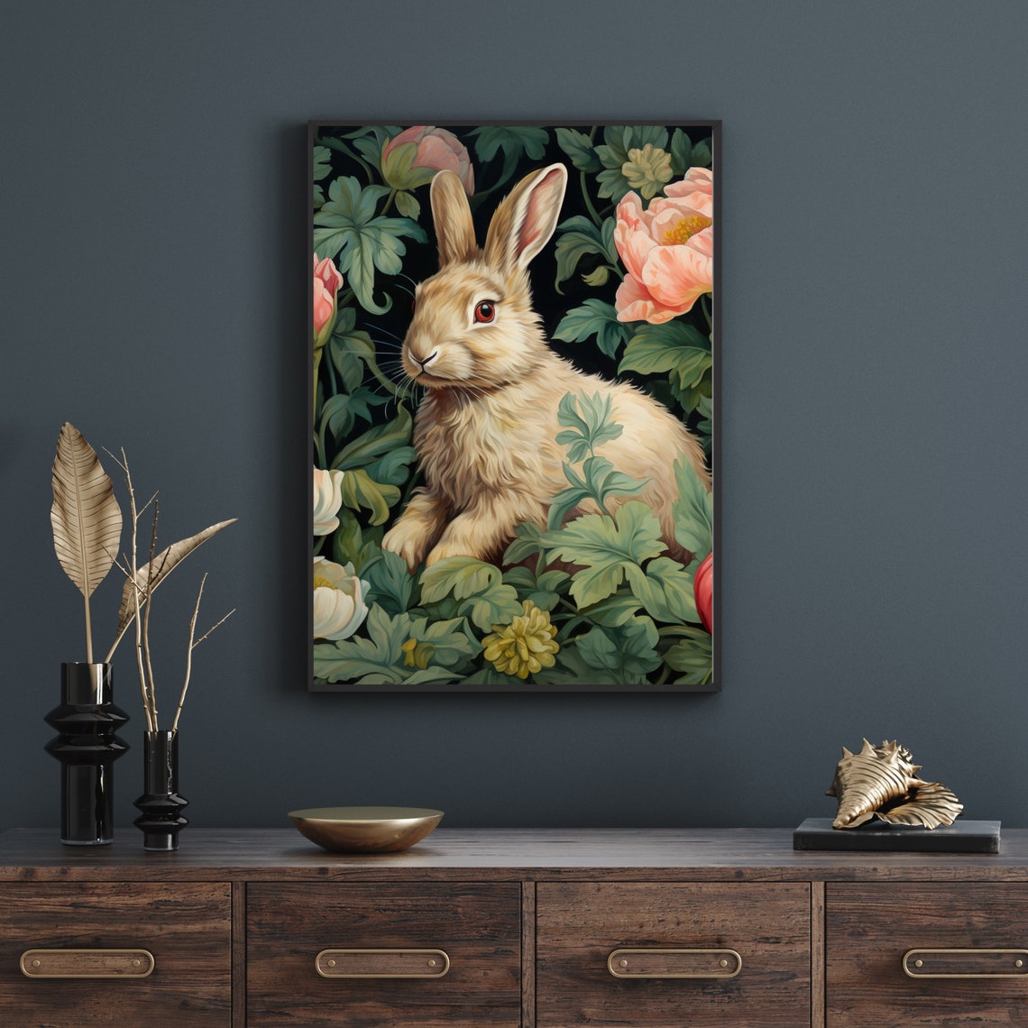 Rabbit in a Vintage Peony Garden Painting Morris Style Poster - Image 6