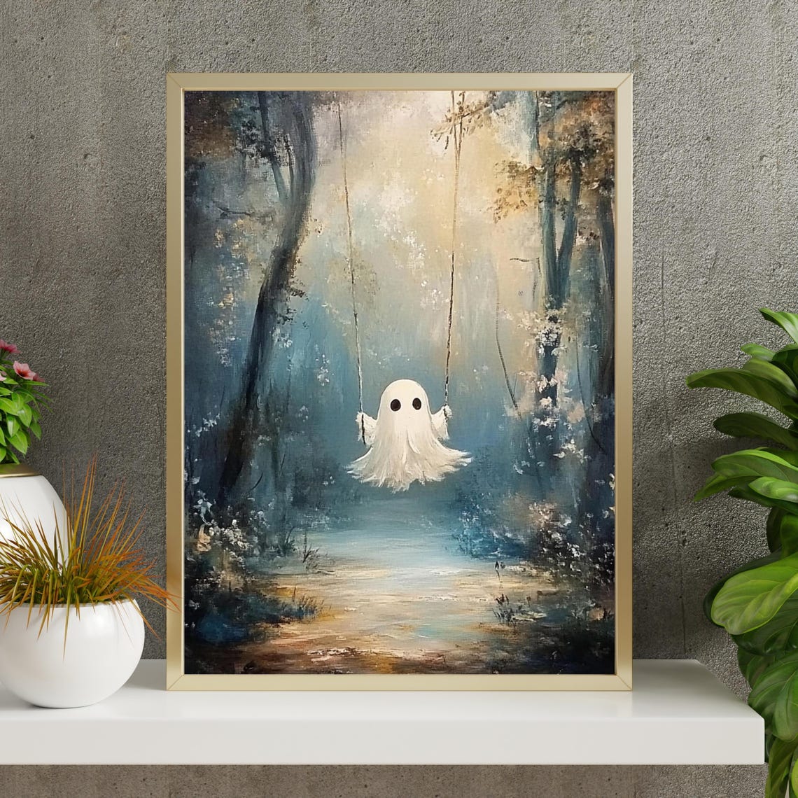 Cute Ghost On A Swing In A Misty Blue Forest Halloween Poster - Image 6