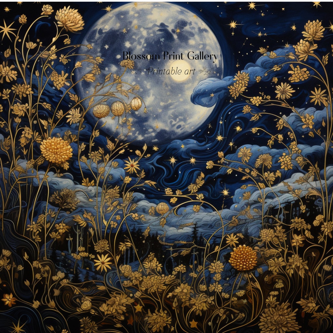 Enchanted Night Sky with Full Moon and Golden Flowers Poster - Image 2