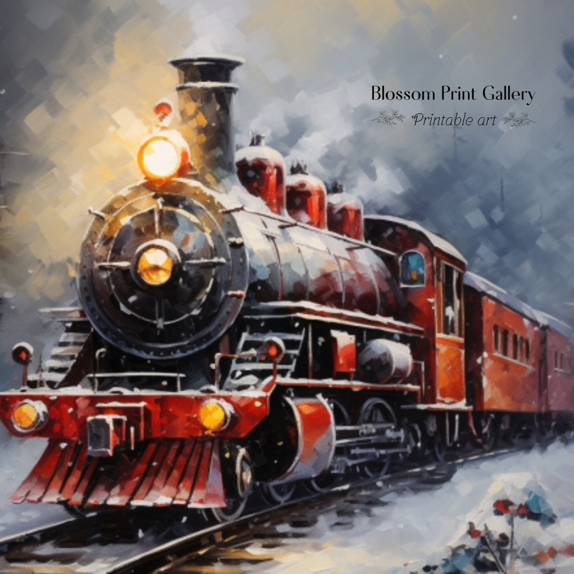 Red Steam Locomotive In Snowfall Vintage Train Painting Poster - Image 3