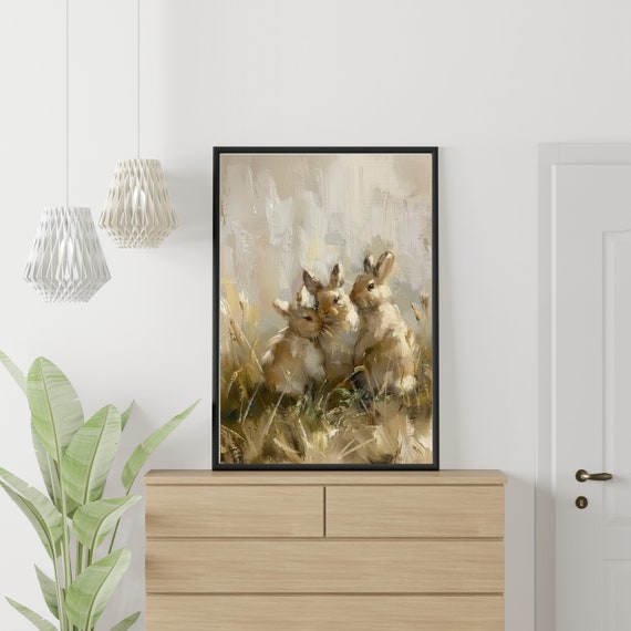 Cute Rabbit Painting Rustic Easter Decor Nursery Wall Decor Countryside Art Antique Bunny Animal Farmhouse 451