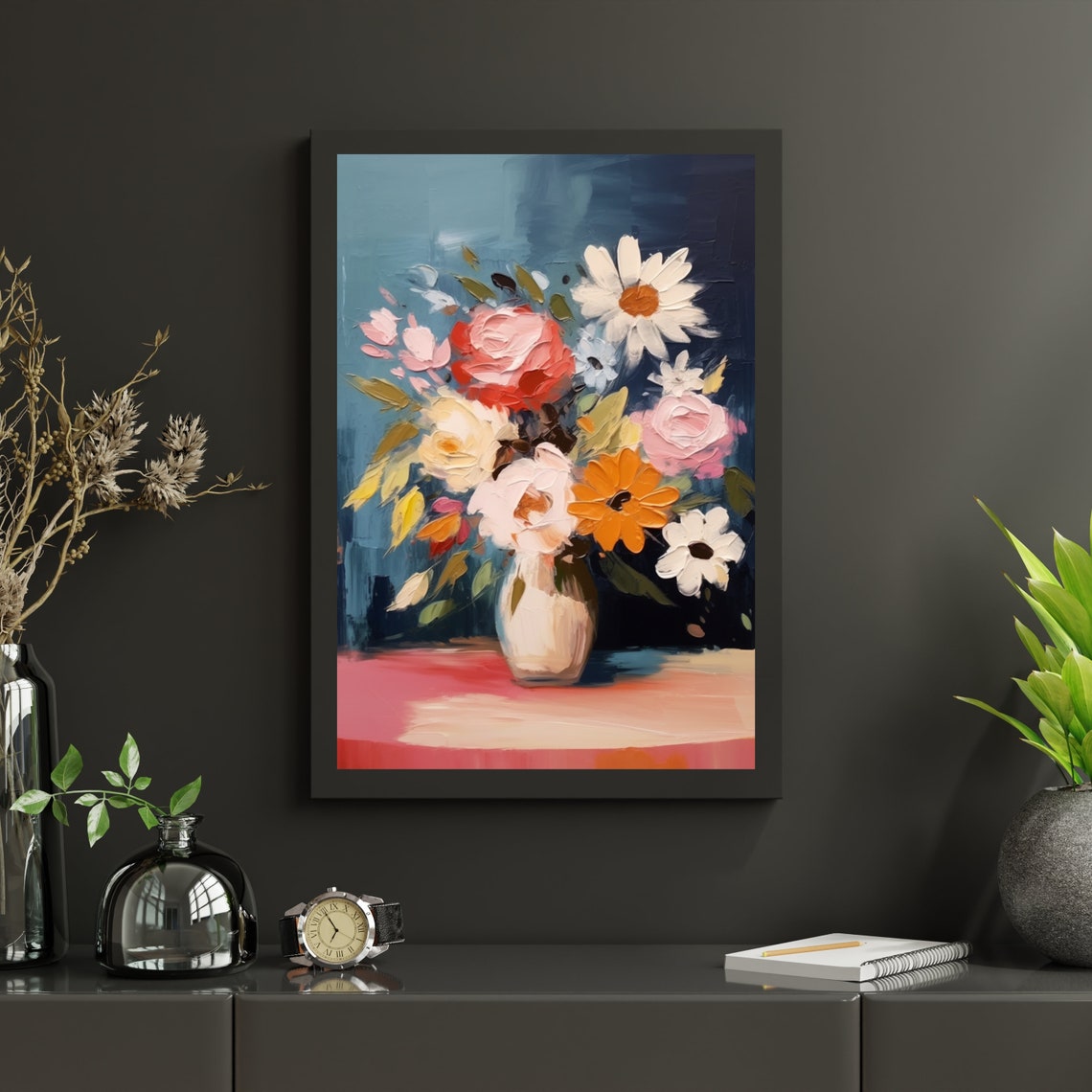 Impasto Flower Bouquet Vase Navy Background Textured Floral Poster - Image 5