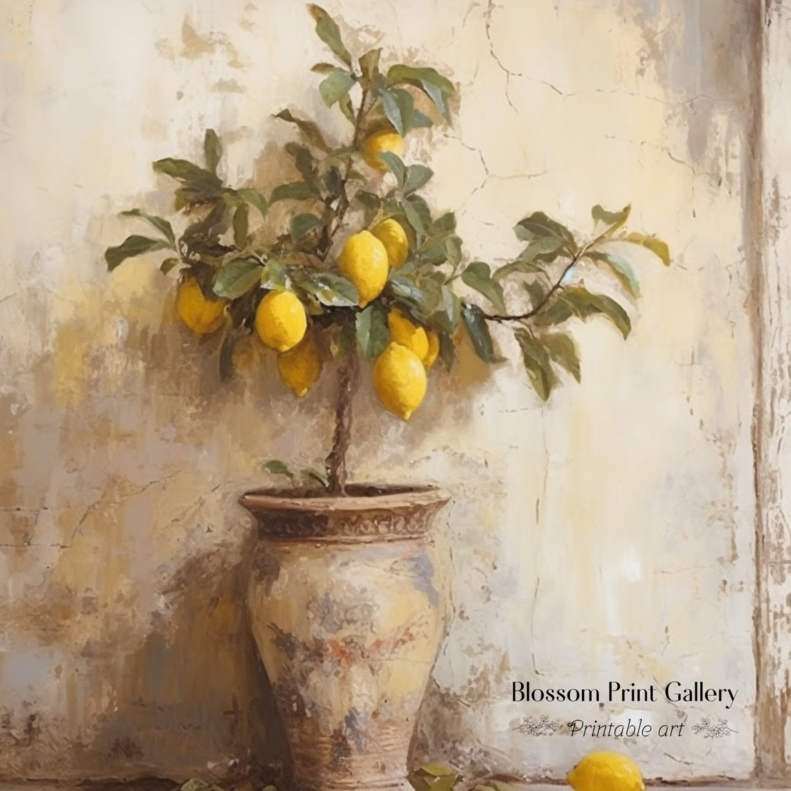 Potted Lemon Tree Terracotta Pot Sunlit Still Life Painting Poster - Image 3