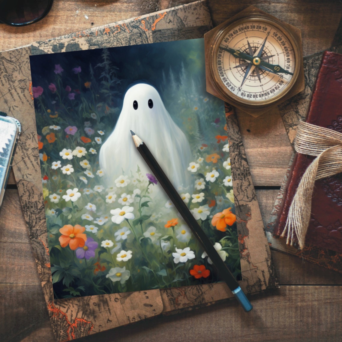 Cute Ghost On A Flower Meadow Wall Art Spooky Vintage Painting Poster Halloween Ghost Print Farmhouse Halloween Decor Boho Ghost - Image 5