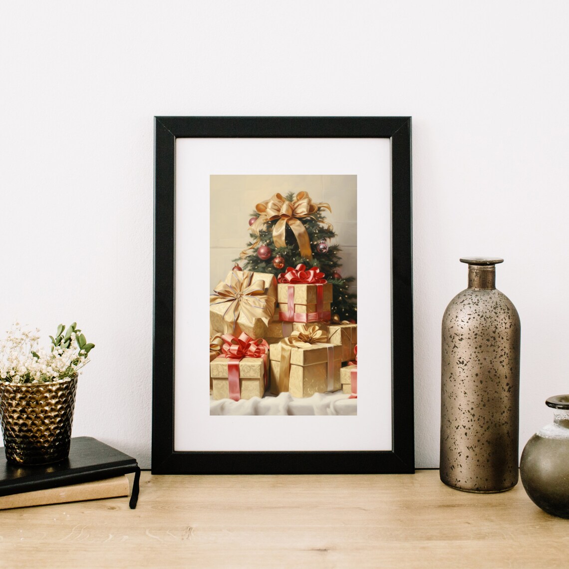 Christmas Tree with Gold Bow and Wrapped Gifts Painting Poster - Image 4