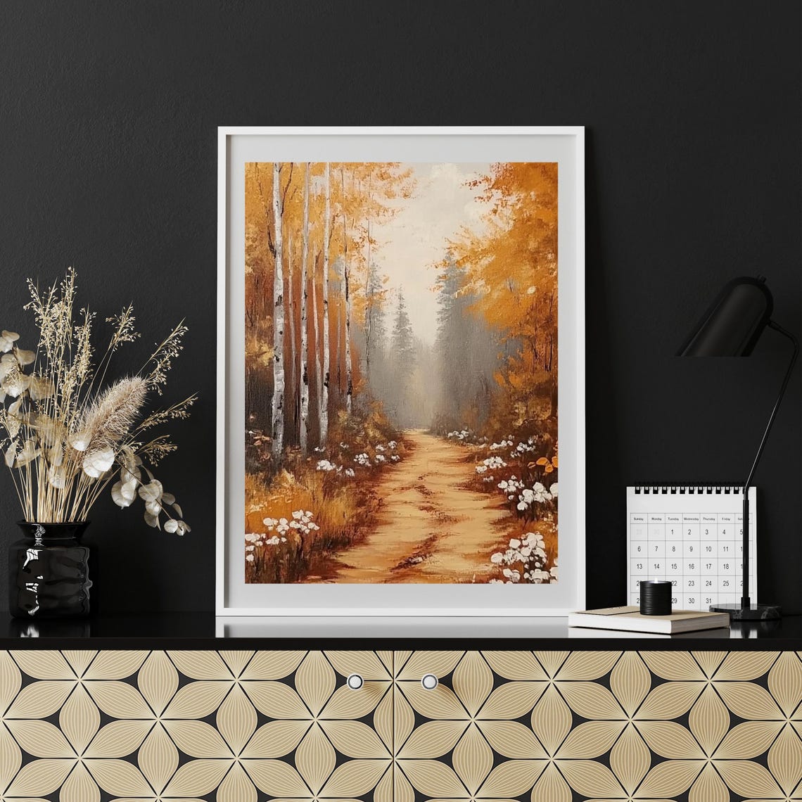 Golden Autumn Path Through Birch Trees With White Wildflowers Print - Image 5