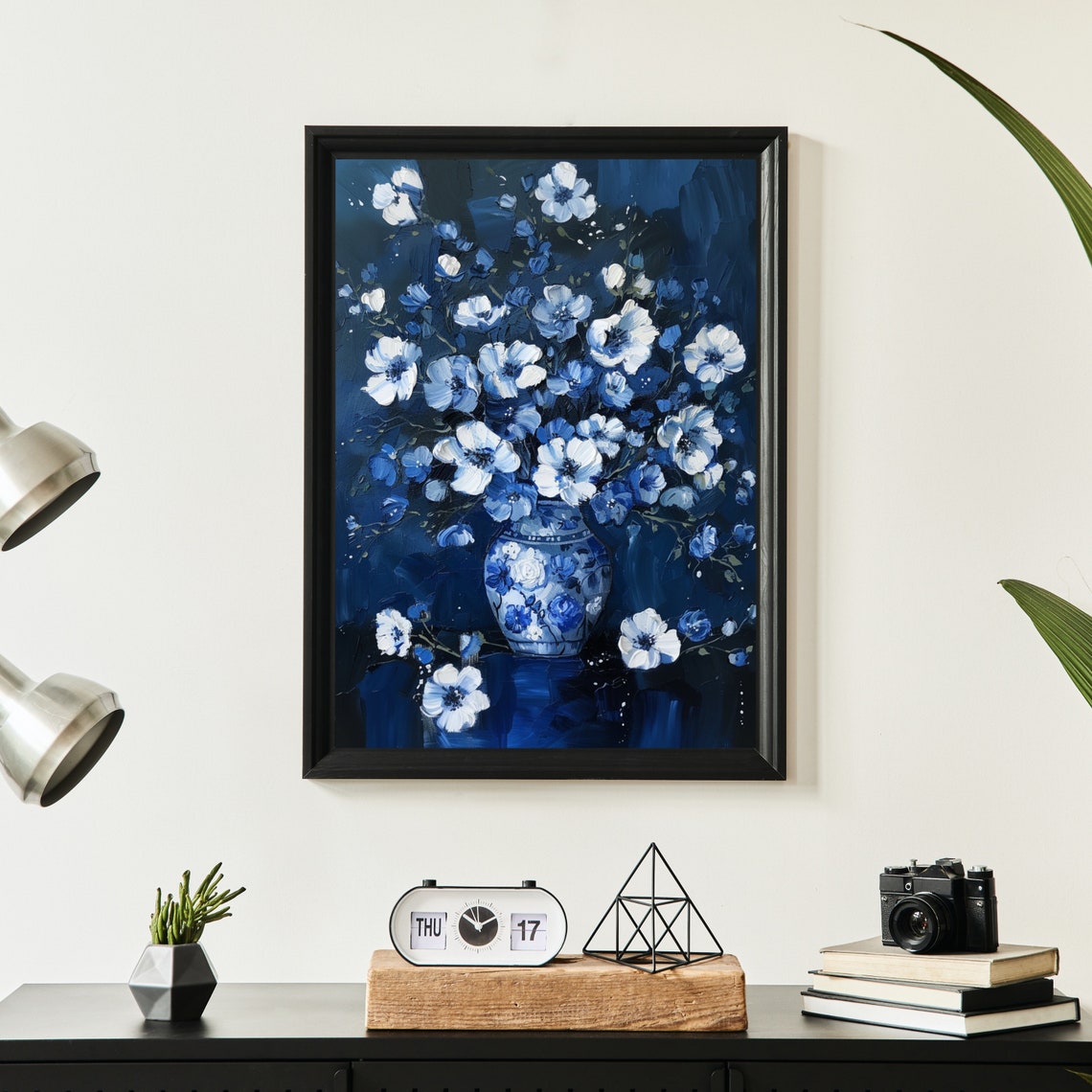 Blue And White Flowers In A Porcelain Vase On A Dark Background Print - Image 2