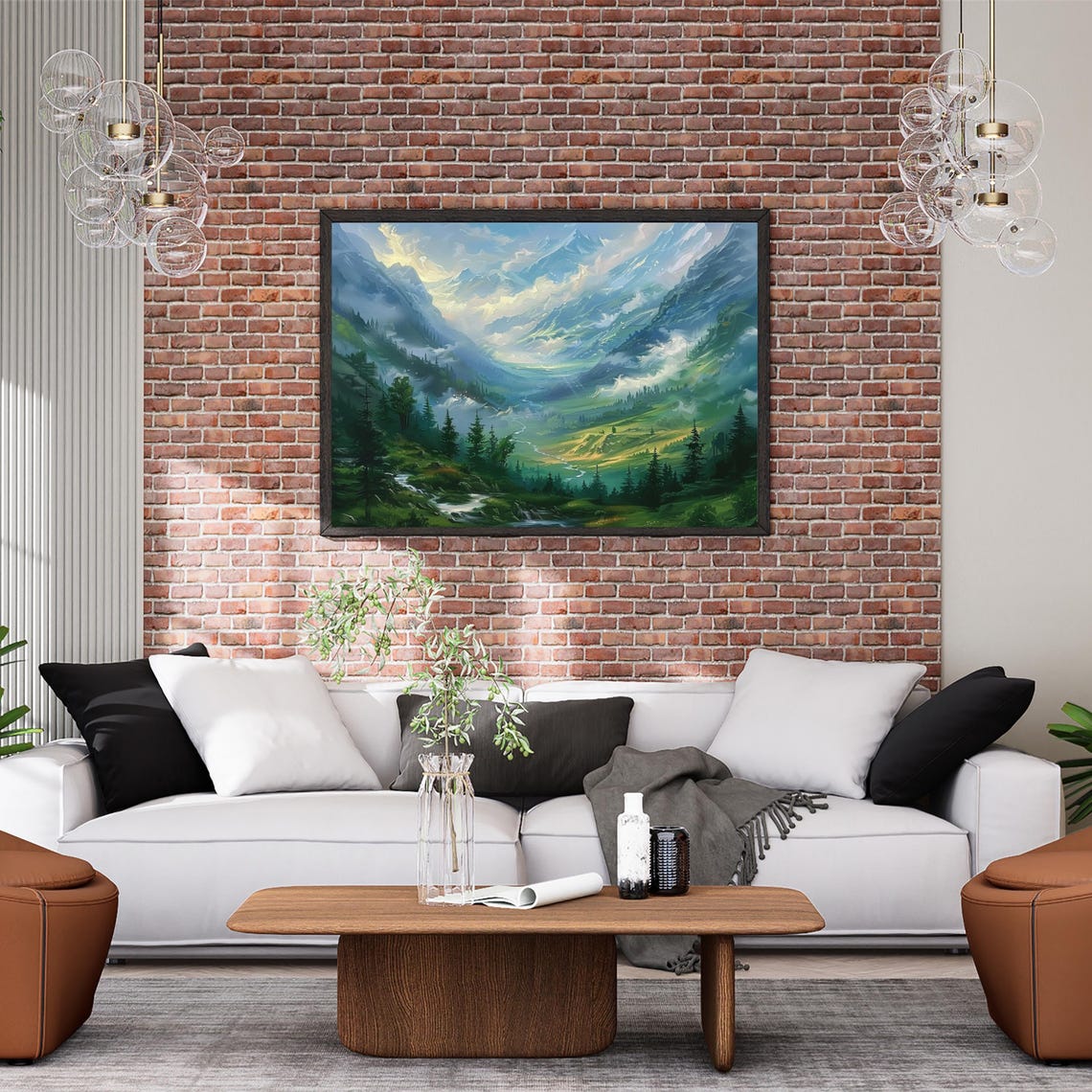 Misty Alpine Mountain Valley with Waterfall Landscape Painting Poster - Image 6