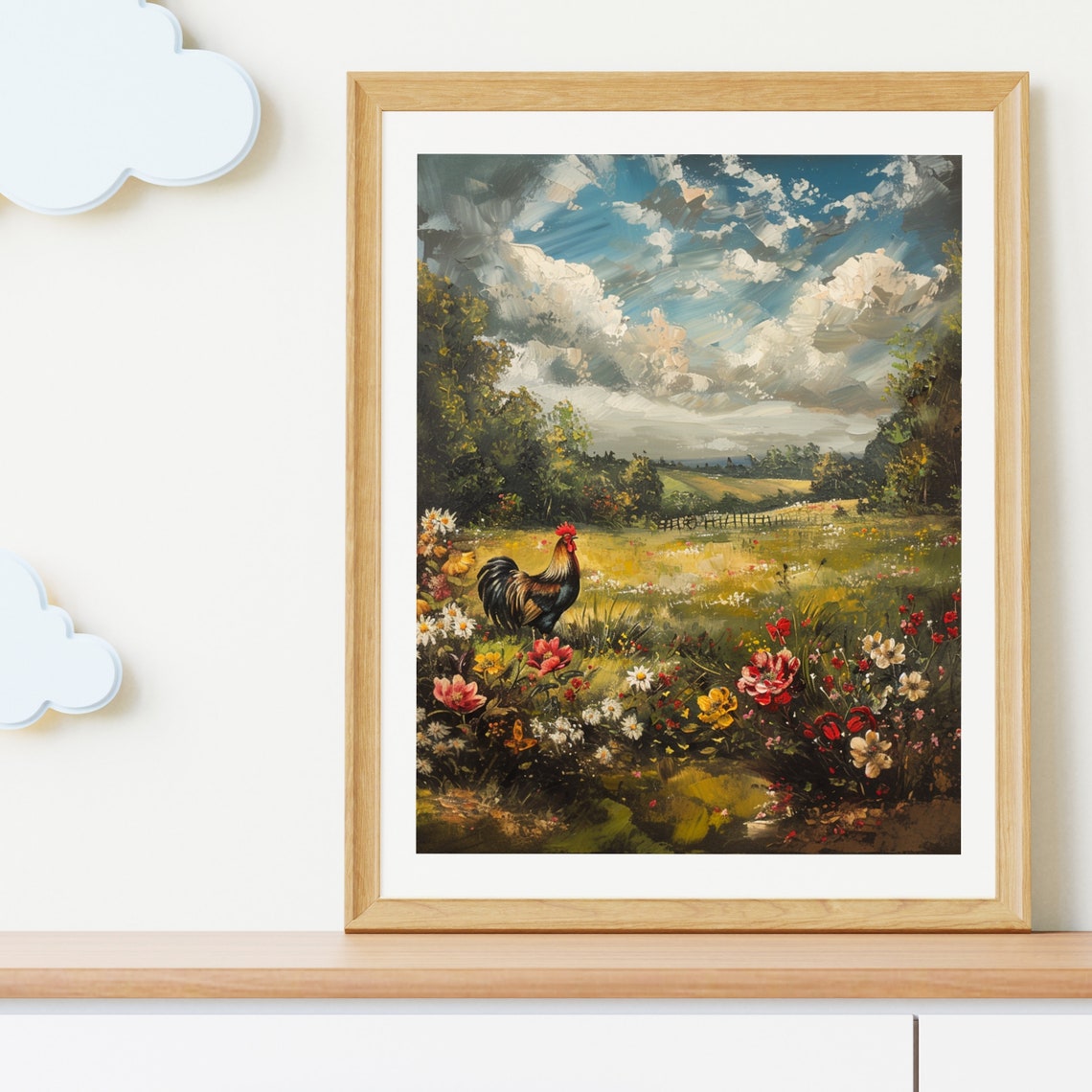 Rooster Wildflower Meadow Dramatic Cloudy Sky Country Art Poster - Image 4