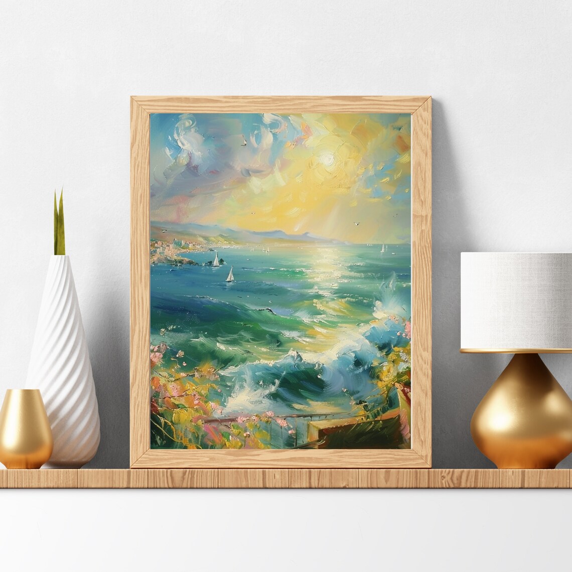 Sunlit Seascape with Sailboats Mediterranean Coastal Oil Painting Poster - Image 6