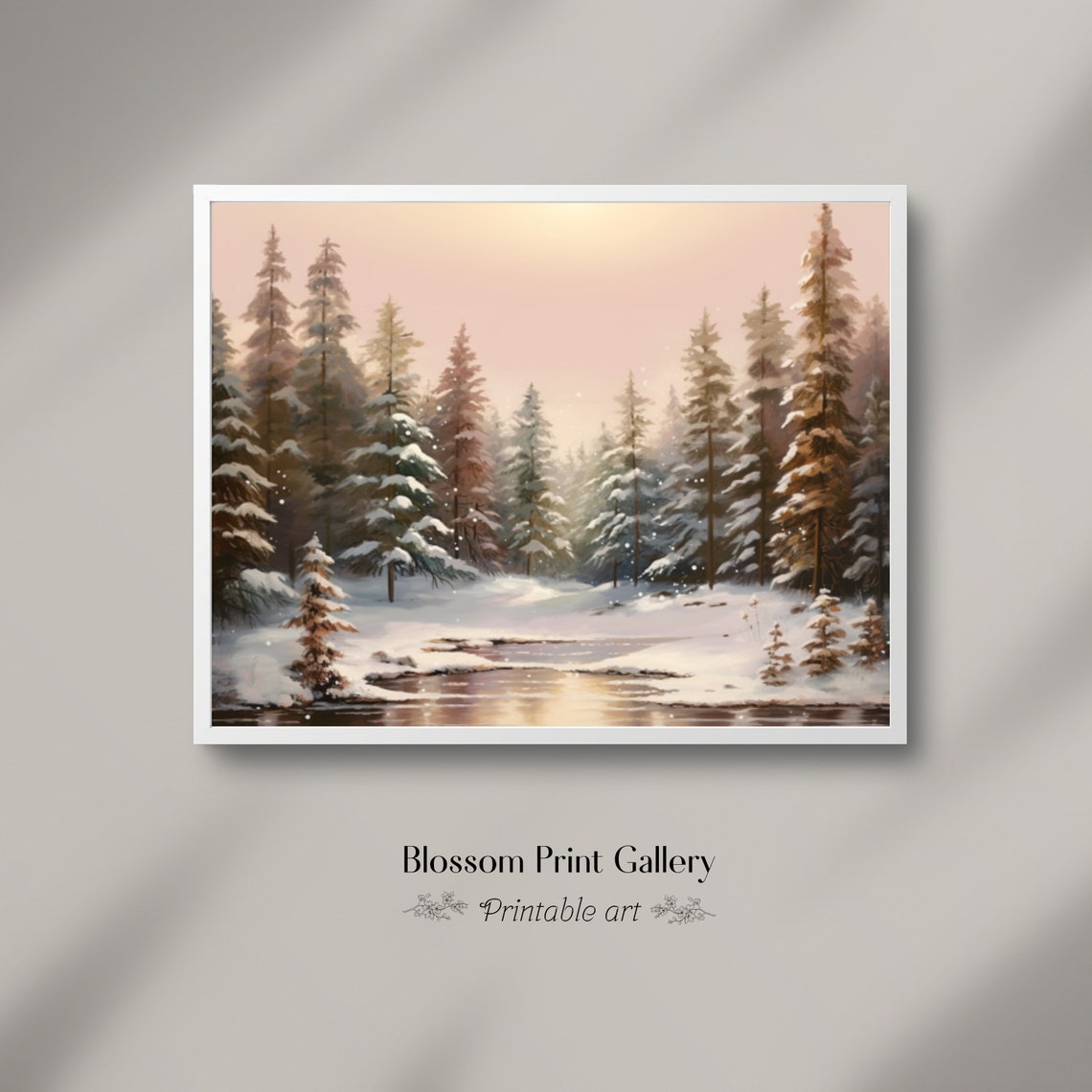 Snowy Winter Forest with a Quiet Pond Under a Blush Pink Sky Wall Art - Image 4