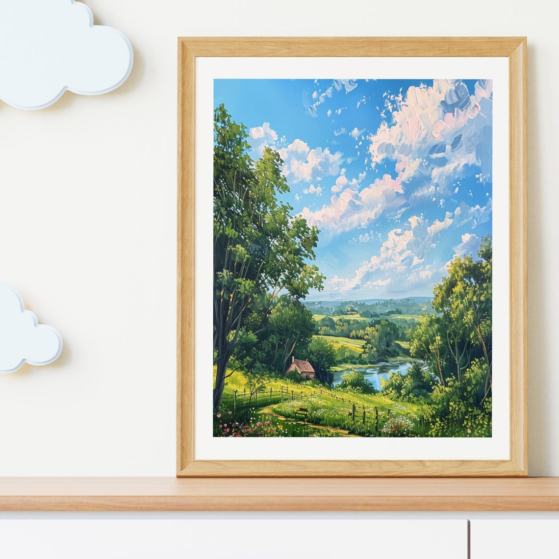 Sunny Countryside Pond Cottage Dramatic Clouds Landscape Poster - Image 6
