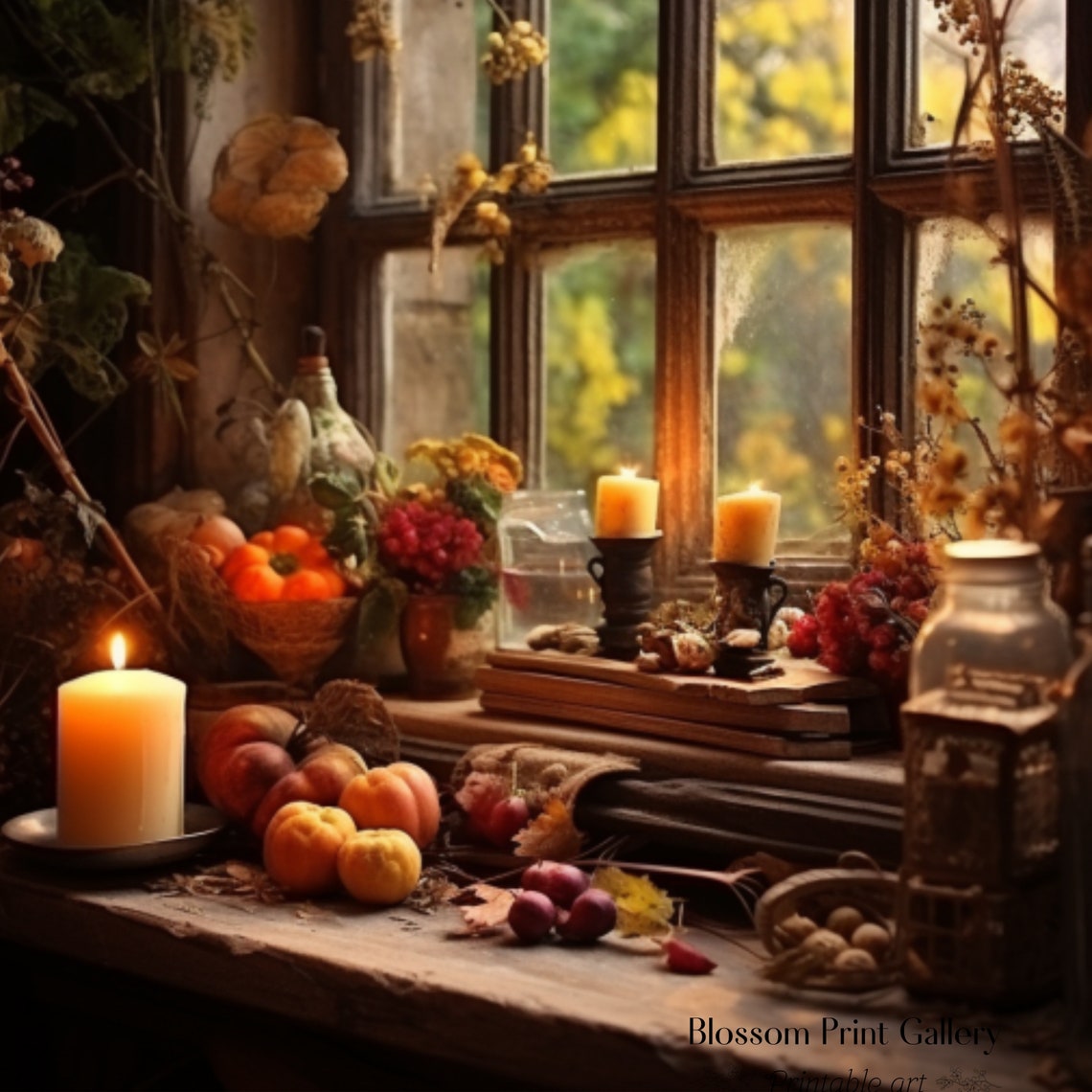 Autumn Window Still Life With Candles And Pumpkins Fall Poster - Image 4