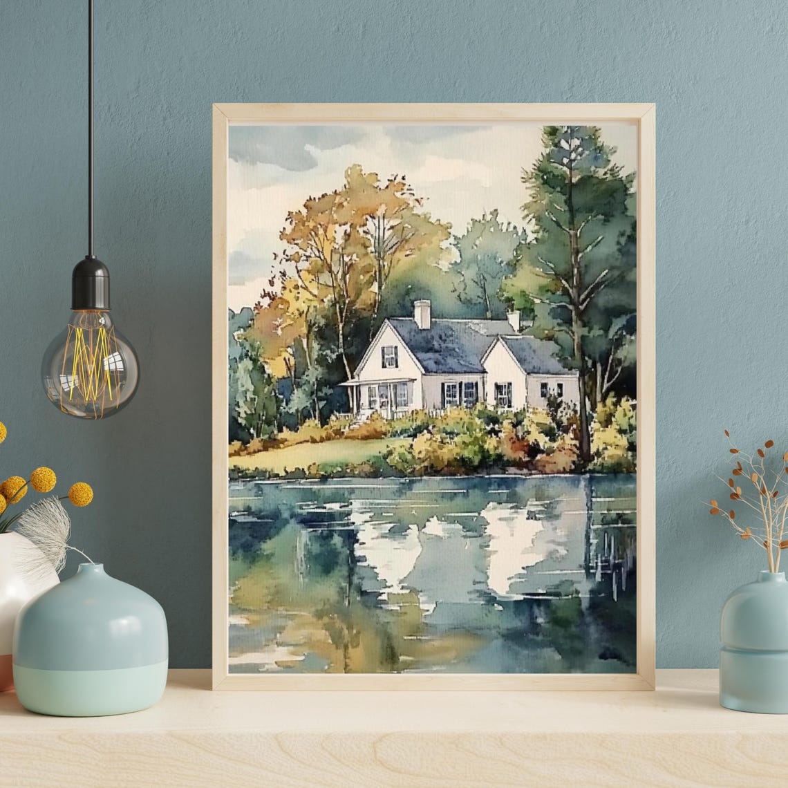 White Lake House Watercolor with Trees Reflected in Water Poster - Image 2