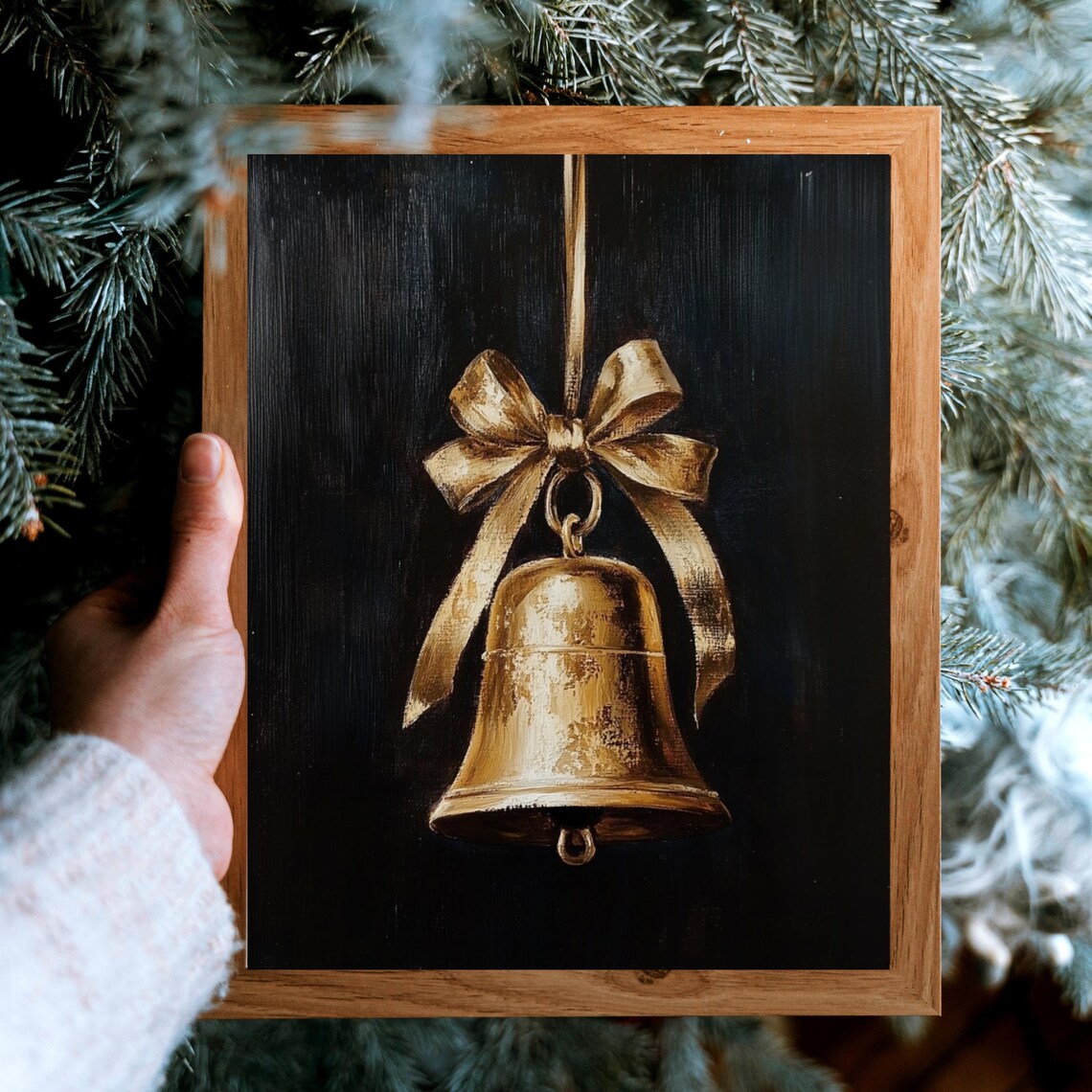 Vintage Golden Christmas Bell With Bow Dark Holiday Still Life Poster - Image 5