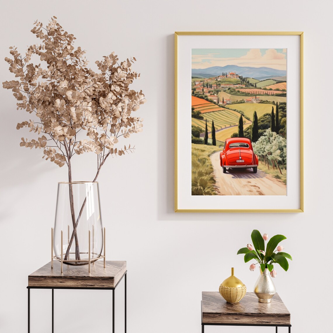 Red Vintage Car Tuscany Countryside Road Retro Travel Art Poster - Image 3