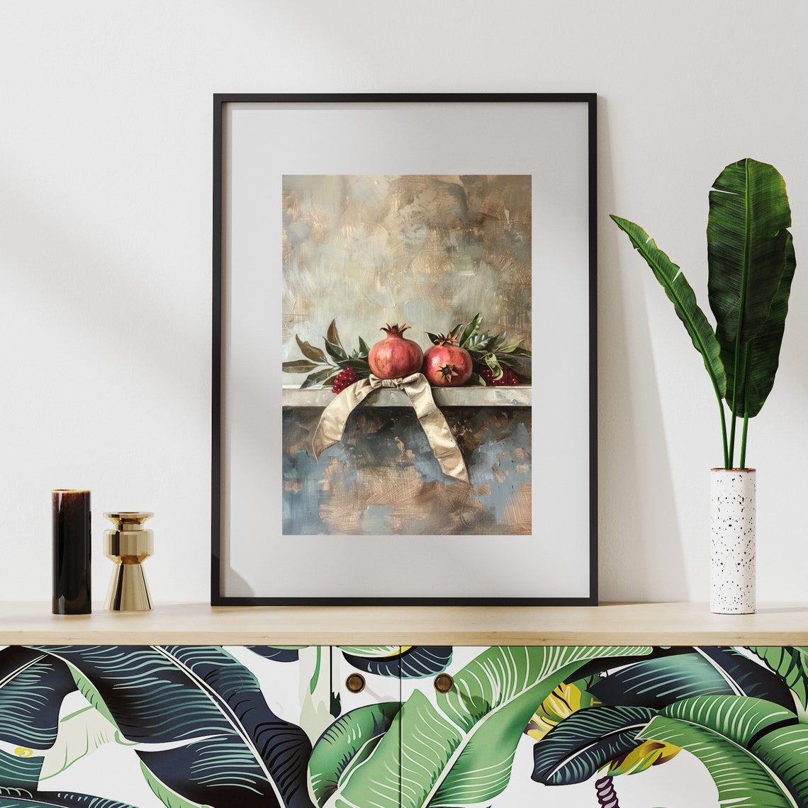 Pomegranate Ribbon Still Life Berries Impressionist Painting Poster - Image 2