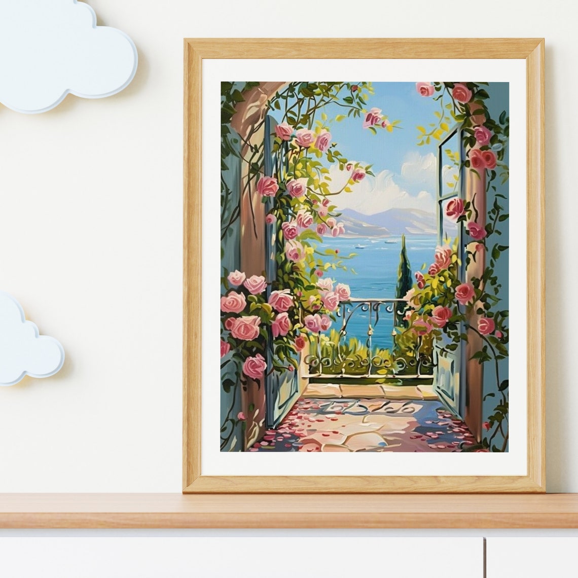 Pink Rose Covered Archway Overlooking the Blue Sea Garden Poster - Image 3