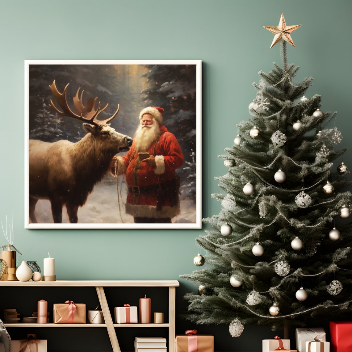 Santa Claus Feeding Reindeer in Snowy Forest Christmas Poster - Image 4