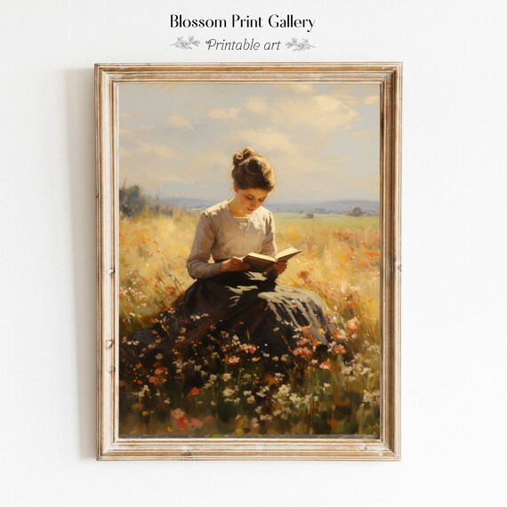 Vintage Woman Reading Book In Wildflower Field Sunny Oil Painting Poster