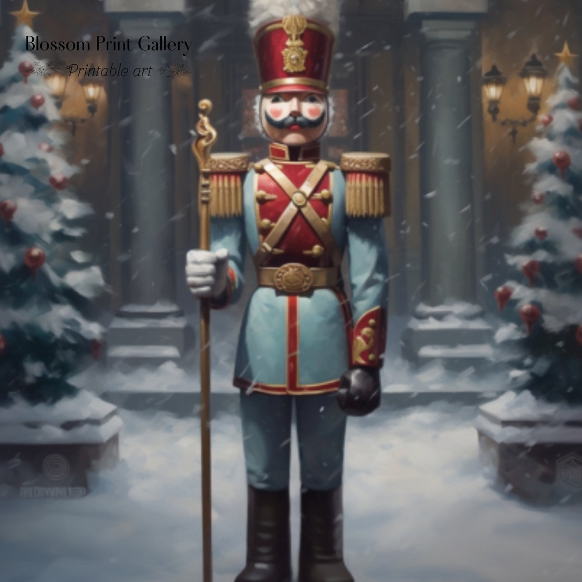 Nutcracker Soldier in Snowy Christmas Village Painting Poster - Image 3