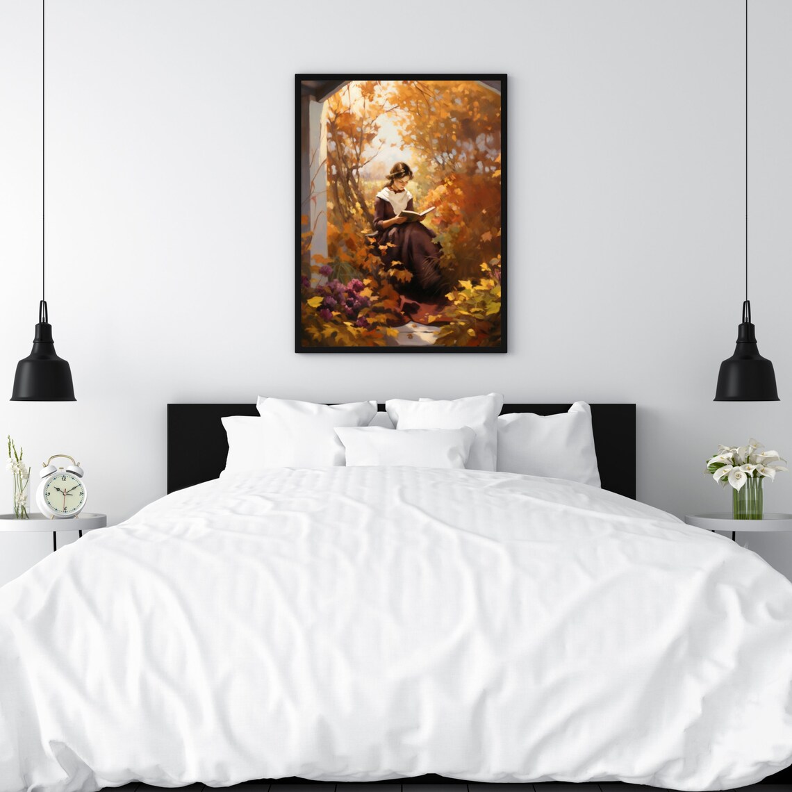 Woman Reading On Autumn Porch Golden Foliage Painting Poster - Image 5