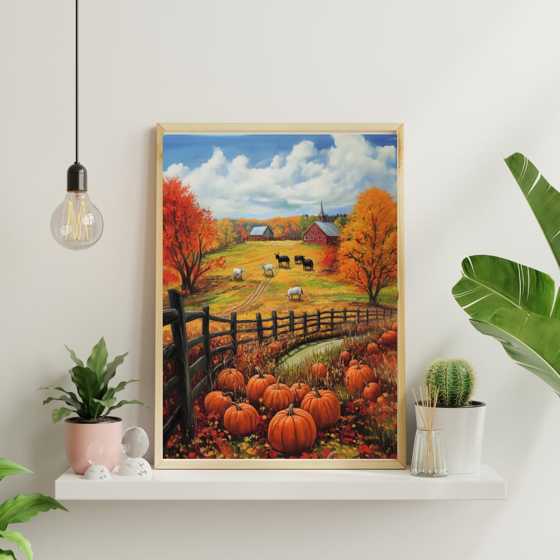 Autumn Farm with Red Barn Cows and Pumpkins Fall Painting Poster - Image 4