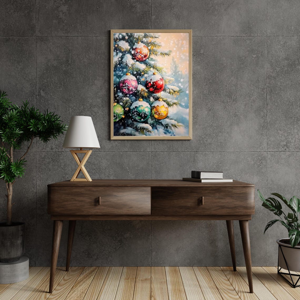 Snowy Christmas Tree Branch Colorful Bauble Winter Art Poster - Image 5