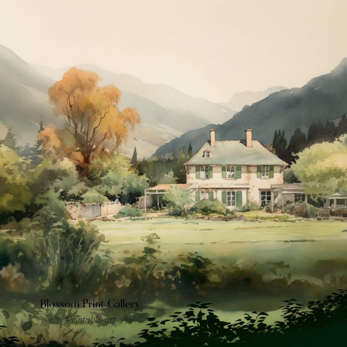 Country House In The Mountains Watercolor Landscape Painting Poster - Image 3