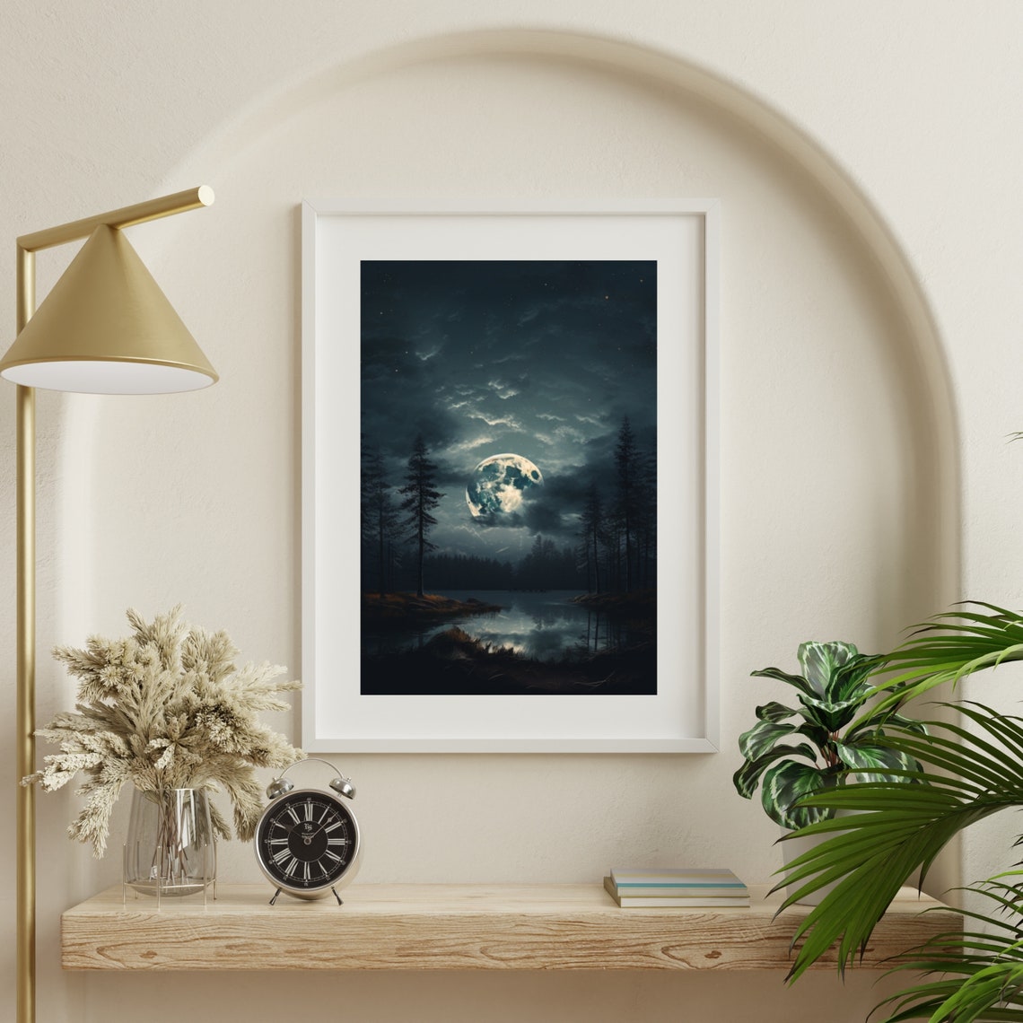 Full Moon Night Sky Forest Lake Moody Celestial Dark Landscape Poster - Image 5