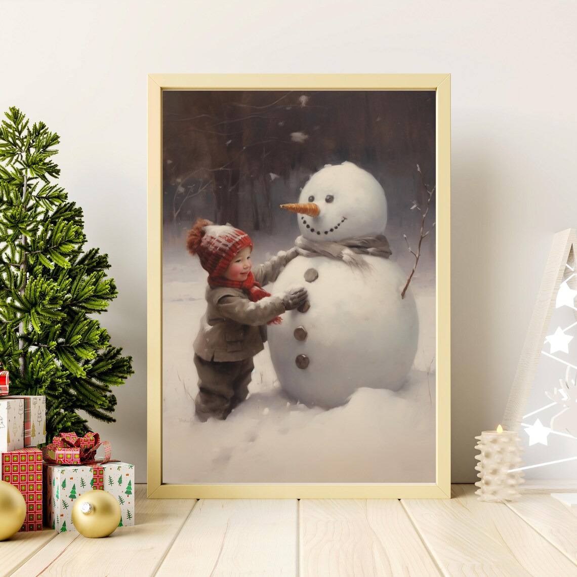 Boy Building Snowman Cozy Winter Christmas Vintage Children Art Print - Image 2