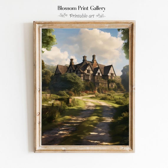 Mansion Oil Painting Vintage Moody Wall Art Living Room Decor Cottagecore Dark Academia Farmhouse Print Countryside Art Rustic 619