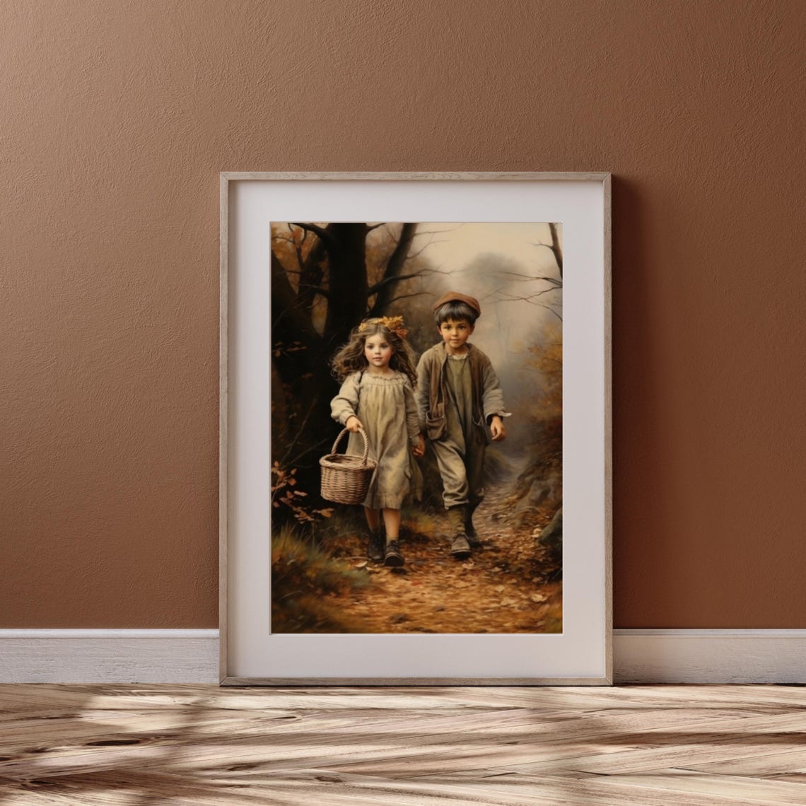 Children Walking Autumn Forest Path With Basket Vintage Poster - Image 3