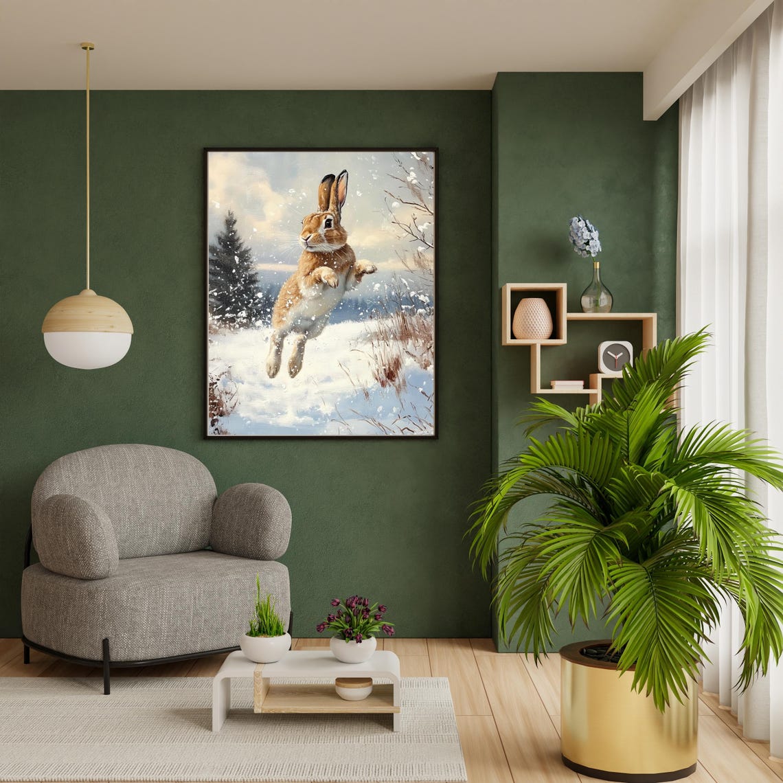 Leaping Rabbit In Falling Snow Winter Wildlife Painting Poster - Image 5