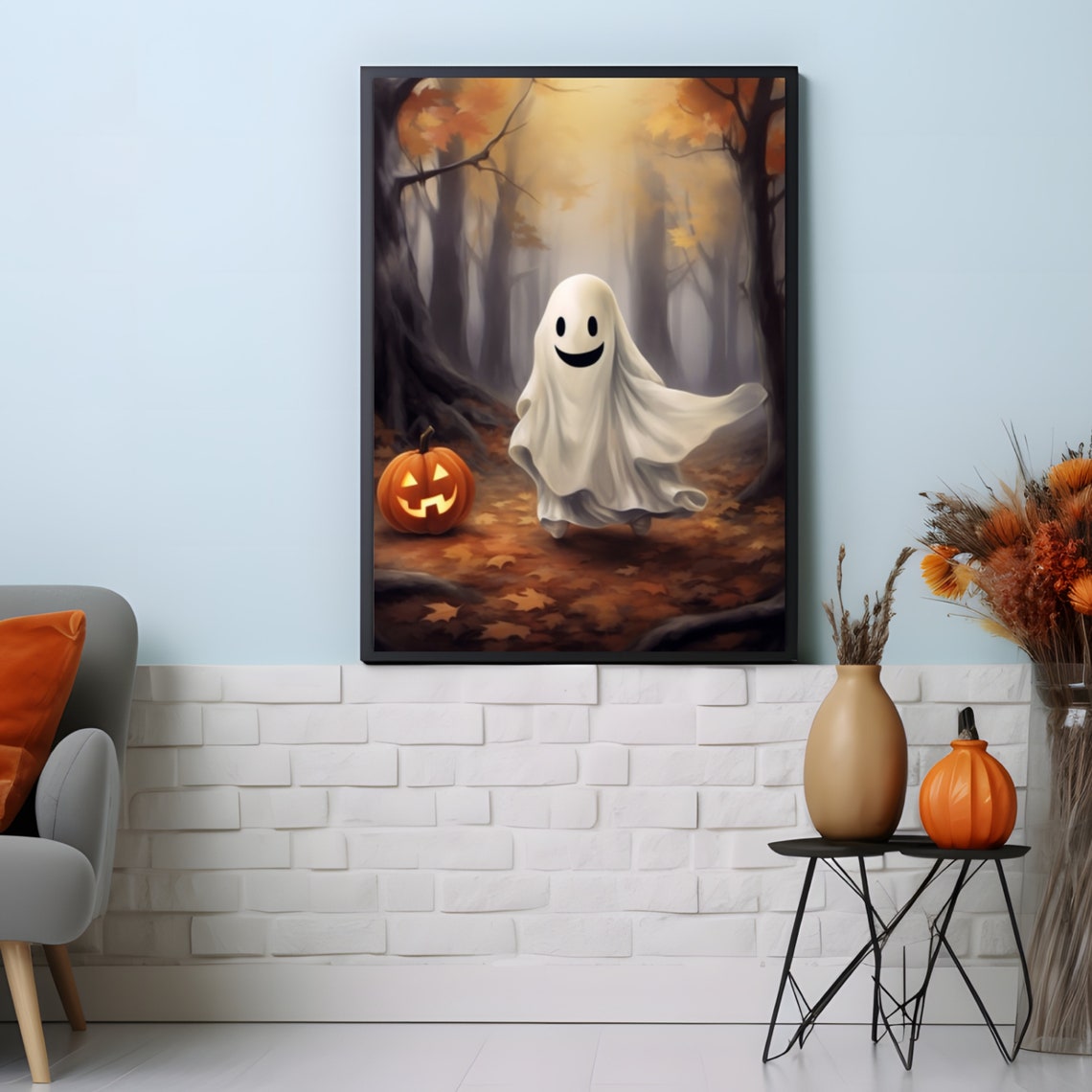 Smiling Ghost With A Jack O Lantern In A Misty Autumn Forest Poster - Image 5