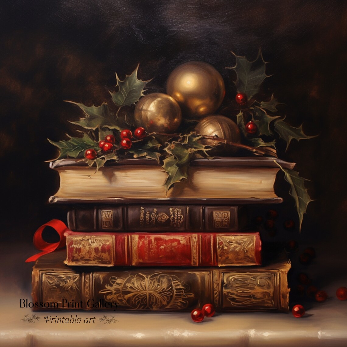 Rustic Christmas Book Still Life, Vintage Wall Art - Image 3