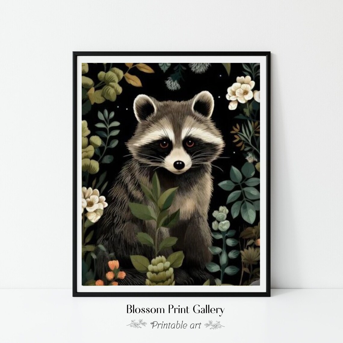 Raccoon Among Flowers Dark Botanical Folk Art Cute Woodland Animal Poster
