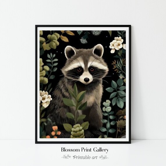 Raccoon Among Flowers Dark Botanical Folk Art Cute Woodland Animal Poster