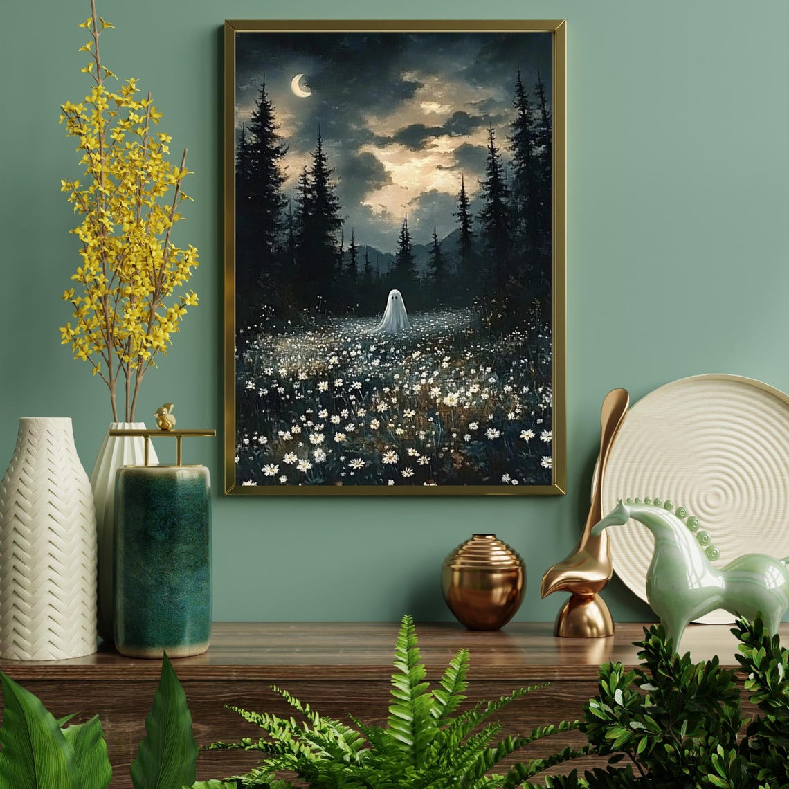 Cute Ghost in a Moonlit Wildflower Meadow Whimsical Wall Art - Image 5