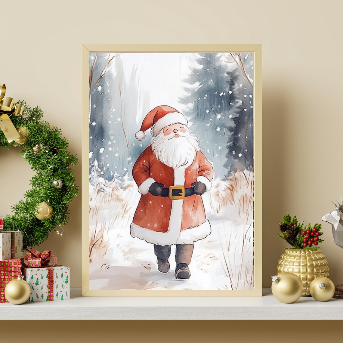 Cute Santa Claus Walking In Snowy Forest Watercolor Christmas Poster - Image 2
