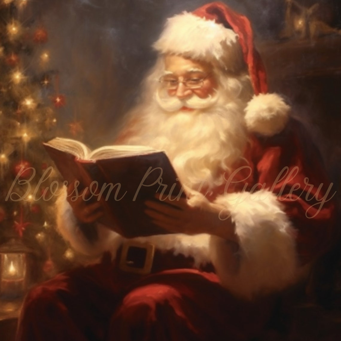 Santa Claus Reading By Christmas Tree Warm Portrait Art Poster - Image 4