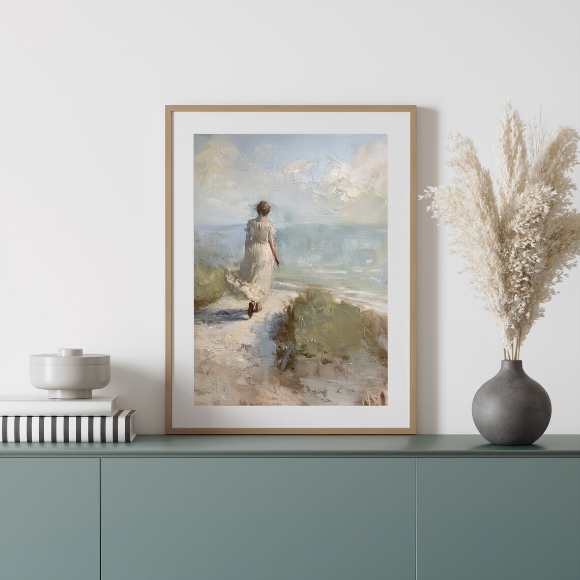 Woman In White Dress Walking To The Beach Coastal Painting Poster - Image 3